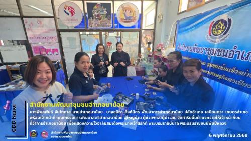 พช.นาน้อย : ร่วมกับ นายอำเภอ ปลัดอำเภอ เสมียนตรา เกษตรอำเภอพร้อมเจ้าหน้าที่ คณะกรรมการพัฒนาสตรีอำเภอนาน้อย ผู้ใหญ่บ้าน ผู้ช่วยฯและผู้นำ อช. จัดทำริบบิ้นผ้าแจกจ่ายให้เจ้าหน้าที่บนที่ว่าการอำเภอนาน้อย เพื่อแสดงความไว้อาลัยสมเด็จพระนางเจ้าสิริกิติ์ พระบรมราชินีนาถ พระบรมราชชนนีพันปีหลวง